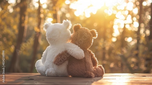 Teddy bear cuddling on wooden deck during golden sunset in a peaceful forest