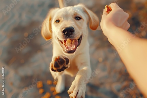 Happy Dog Jumps for Treats: Pet Family Snacks Concept
