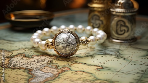 A radiant pearl bracelet gracing the wrist of a wanderlust-filled adventurer as she sets off on a voyage across uncharted seas 