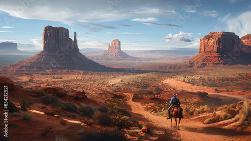 a cowboy riding on horseback in the desert, monuel buttes in background, dirt road leading to large rock formations, dramatic sky, cinematic