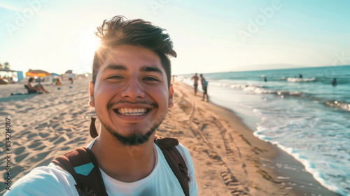 A man capturing a moment on his phone while relaxing on the beach