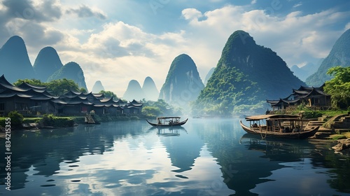 A scenic riverside view of Guilin, with its iconic karst mountains reflected in the calm waters of the Li River at sunse 
