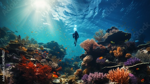 A scuba diver exploring a vibrant coral reef, surrounded by schools of colorful fish and marine life. 