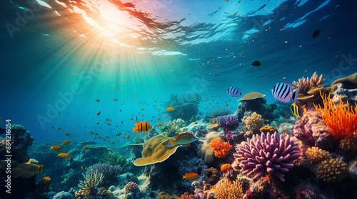 A scuba diver exploring a vibrant coral reef, surrounded by schools of colorful fish and marine life. 