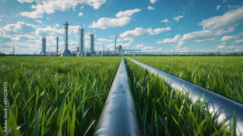 New oil and gas pipe line in green grass near the industrial plant with a blue sky background. Natural fuel industry concept. Oilfield lines, chemical factory, energy stage