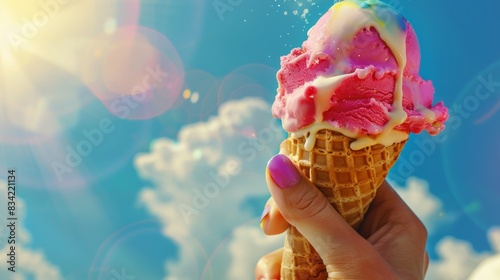 A person savoring a delicious ice cream cone on a hot summer day, with a smile on their face and colorful scoops melting in the sun.,photorealistic,high detail,realistic