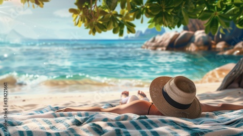 A person lying on a blanket at the beach, with a sunhat, sunglasses, and the sound of waves gently lapping the shore.,photorealistic,high detail,realistic