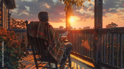 A man relaxing in a rocking chair on a porch, with a blanket over his lap and a cup of tea in hand, watching the sunset.,photorealistic,high detail,realistic