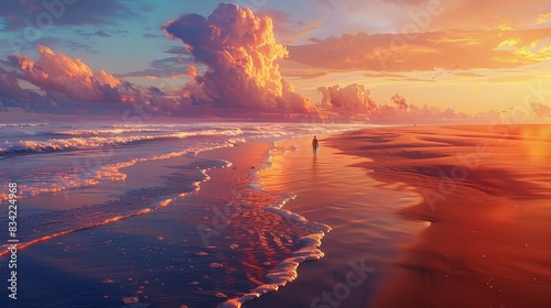 A person taking a leisurely stroll along a sandy beach at sunset, with the sky ablaze with colors and the waves gently washing ashore.,photorealistic,high detail,realistic