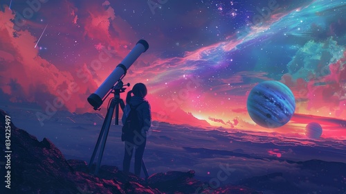 Serene Female Astronomer Adjusting Telescope Under Starry Sky with Distant Planets - High Detail Vibrant Scene of Astronomy Exploration