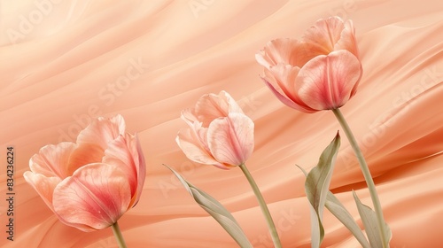 A closeup view of three pretty pink tulips set against a soft peach background