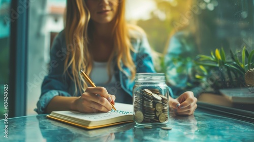 A young woman writing in a journal with a jar of coins labeled Future Plans on a patio table. ,photorealistic, high detail