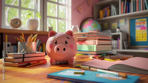 A teenager's desk with a piggy bank, school books, and a financial goals chart. ,photorealistic, high detail
