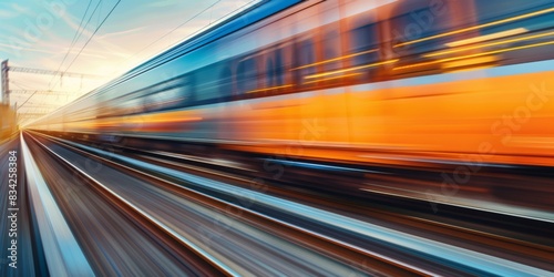 A close-up of a speeding train, with motion blur emphasizing its rapid transit through the landscape