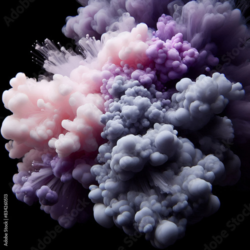 Beautiful Abstract Aesthetic Pastel Colored Purple & Violet Pigment Hues Fluffy Ink Explosive Smoke Powder Paint Cloud Against a Black Background. Motion Effects with Studio Lights Fireworks Wallpaper