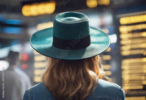 a young woman with a hat seen exactly from behind who is looking in the direction of an airport information board