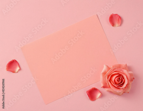 close view of a coral background with space for text and petals around a white sheet of notes. 