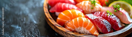 Assorted sashimi platter, vibrant colors, wooden bowl, Japanese cuisine, fresh presentation