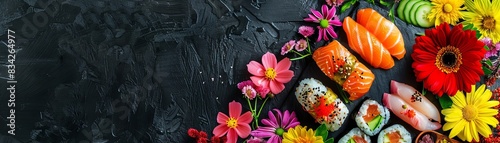 Elegant sushi platter with vibrant flowers, assorted sushi pieces, dark wooden background