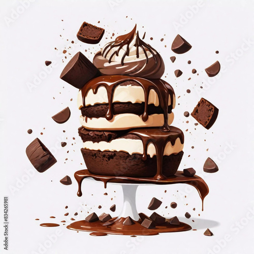 Brownie cake on a stand with white cream, chocolate glaze and pieces of chocolate flying in the air. White background.