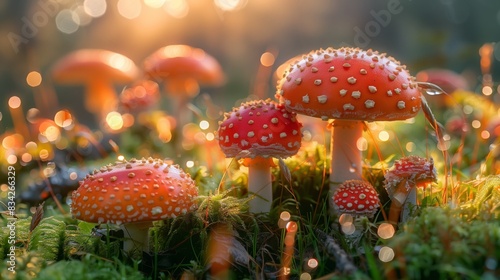 Vibrant red and white fly agaric mushrooms (Amanita muscaria) in a sunlit forest setting. 