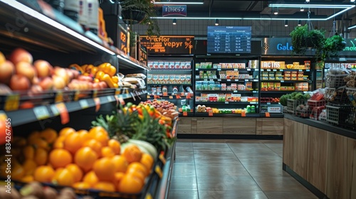 Grocery store Shelves packed with goods and digital info wall