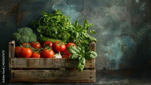 Close up view of an antique wooden box brimming with fresh produce and herbs, with braces, space for text, perfect for ads, isolated background, studio lighting