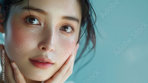 High-quality image of a young Asian woman highlighting her fresh, healthy skin by touching her face