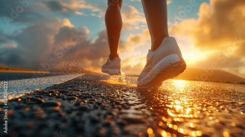 athlete runner feet taking off on a road at the start of a sunrise jog