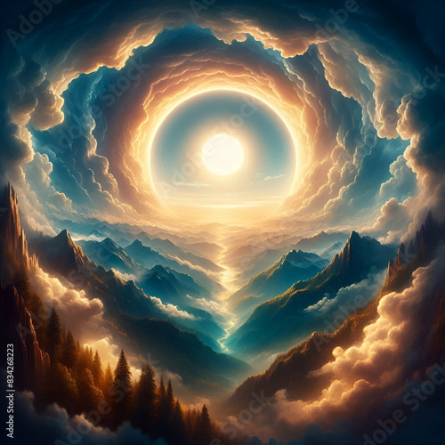 View of the Bright Pure Sun Sunshine Glowing Ray of Divine Light Breaks Through a Circle Opening Mysterious Gate in Soft Golden White Clouds with Blue Sky. Fly Through the Tunnel on Stairway to Heaven
