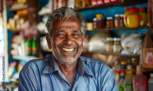 Smiling Indian Hindu Convenience Store Owner, close-up portrait. AI