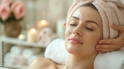 High-quality image of a serene face massage in a modern beauty salon, decorated in beige