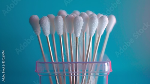 Close up of cotton swabs in a plastic container box, ample space for text, perfect for product advertisement, isolated background, studio lighting