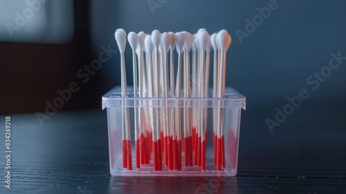 Close up of cotton swabs in a plastic container box, ample space for text, perfect for product advertisement, isolated background, studio lighting