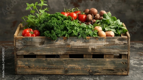 Close up of an old brown wooden box filled with vegetables and herbs, space for text, product advertisement, isolated background, studio lighting