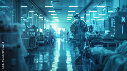 Medical staff in high-tech hospital, protective gear, and blue tones