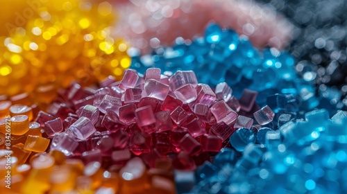 Close shot of various plastic granules, fundamental to the chemical industry and made from petroleum, with clear texture details