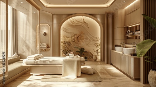 High-quality image of a relaxing face massage session in an elegant, beige-themed beauty salon