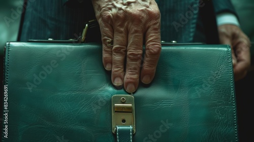 Close shot of a professional's hand firmly holding a green teal briefcase, detailed look at the briefcase handle and hand