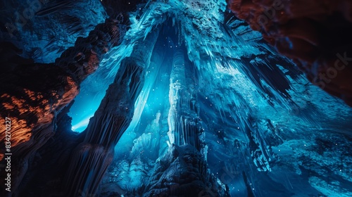 Illuminated cave formation under blue light, Mystical view of stalactites and stalagmites lit by ethereal blue light in a cavern