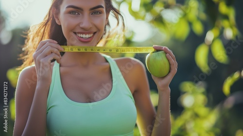 happy fit woman holding a weight measure ruler, eating green apple, losing fat concept