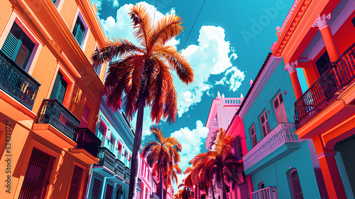 Trendy photo art of tropical city with colorful buildings and bright graphic elements
