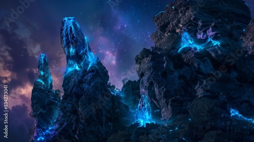 Mystical night landscape with illuminated rocks, Enchanted rocks glowing under a starry night sky, invoking a sense of magic and wonder
