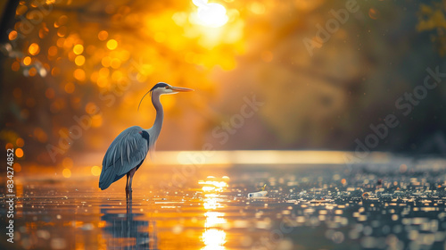 Heron Standing in Water at Sunrise with Golden Light