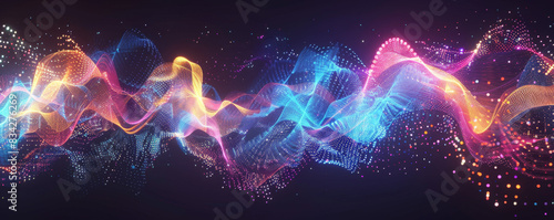 Abstract data visualization background with colorful glowing wave lines and dots, technology digital sound music equalizer for business or science concept design