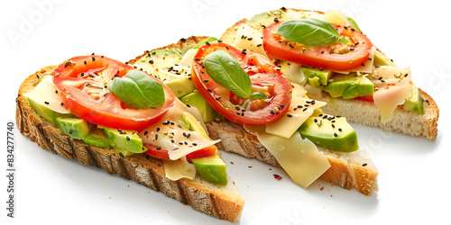 avocado and tomato sandwiches on whole grain bread, placed on a white surface avocado slices are in the center of each sandwich, with sliced tomatoes on top background is plain white