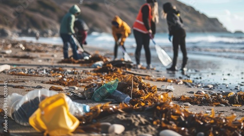 A group of people are cleaning up a beach. The beach is littered with trash, including plastic bottles and other debris. The people are working together to pick up the trash