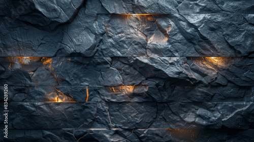 Schist wall with shiny layers, ambient lighting, dark tones, vertical composition,