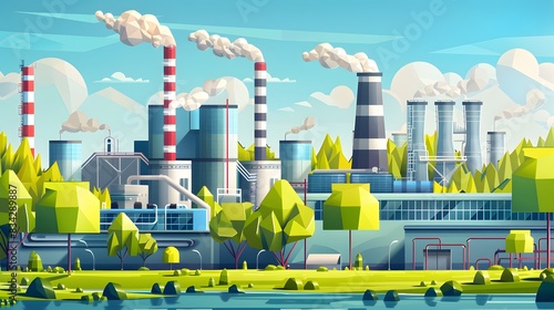 Thermal power plants on the natural landscape with mountains. Urban cityscape with chimneys and smoke. Factory for the production of energy and goods. Place of work engineer.