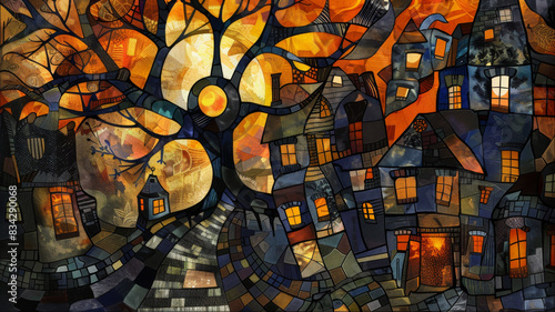 Colorful Gothic Town , folklore illustration, dark orange and light bronze, dark amber, black color art